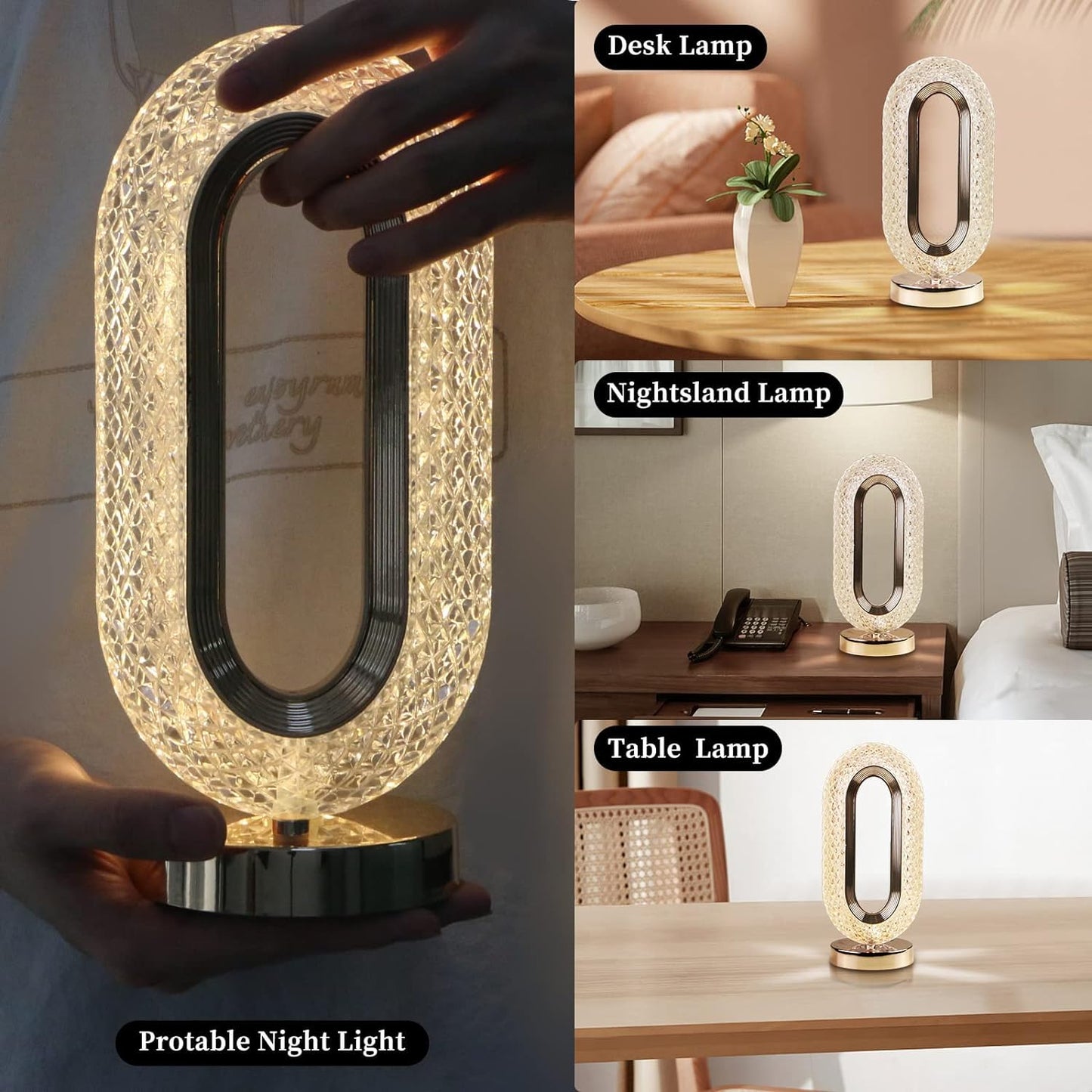 Luxury Crystal Lamp | Modern Rectangle LED Table Light with USB Rechargeable Battery for Bedroom & Office Decor